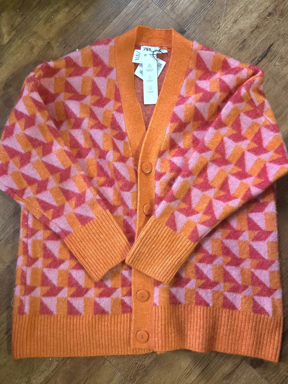 Zara Orange and Pink Geometric Women's Cardigan